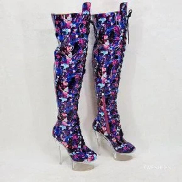 Bulls Multi Color Print Patent OTK Clear Platform High Heel Thigh Boot - Picture 6 of 7